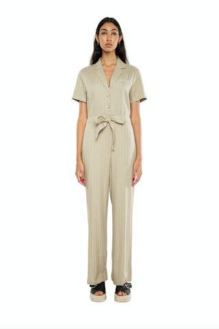 Harper Collared Jumpsuit Striped Khaki
