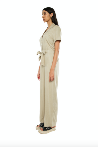 Harper Collared Jumpsuit Striped Khaki