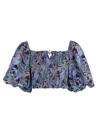 Florence Smocked puffed shoulders Top in Blue